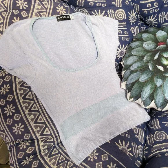 Vintage Y2K bebe Powder-Blue Cap Sleeve Peek-a-boo Sweater - Picture 3 of 13